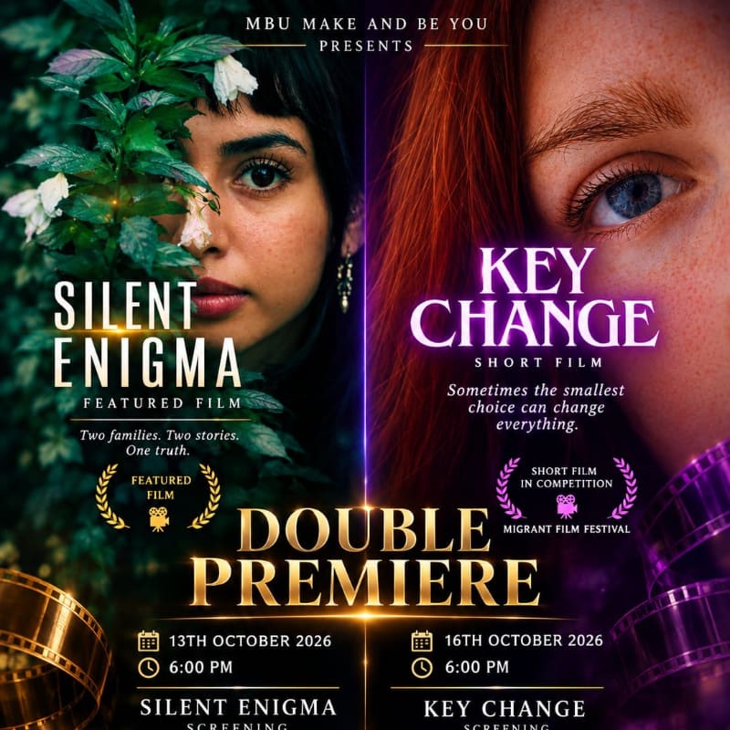 A promotional poster for a double premiere features a woman partially hidden by green leaves on the left and a close-up of a blue eye on the right, set against a dark background with event details.