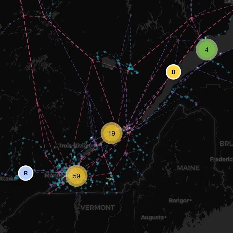 Colored circular markers and connecting dashed lines are overlaid on a dark map of the Northeastern United States and Canada.