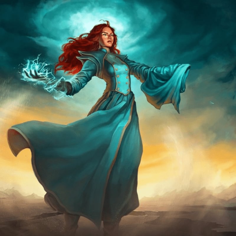 A red-haired woman in a flowing teal gown conjures blue energy in her hand against a backdrop of a stormy sky and a golden horizon.