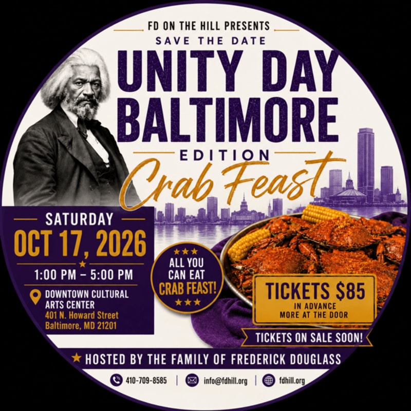 A promotional flyer for a "Unity Day Baltimore Edition Crab Feast" features a portrait of Frederick Douglass and a platter of crabs in the foreground against a city skyline background.
