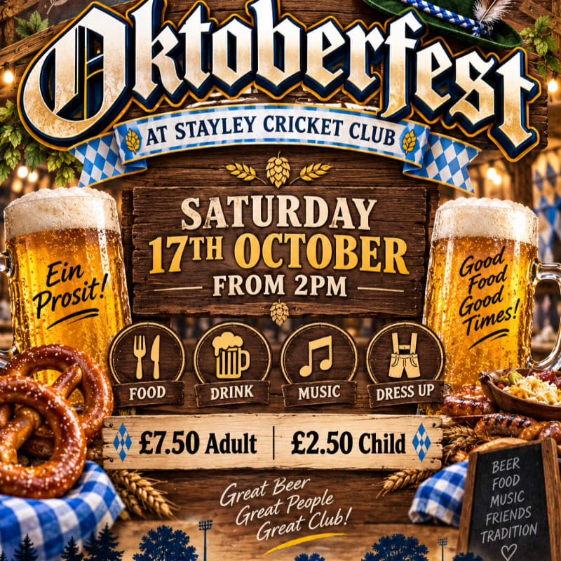Two large mugs of beer and pretzels sit in the foreground of an Oktoberfest event poster featuring a rustic wooden background and festive Bavarian decorations.