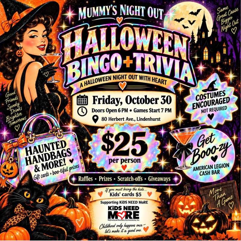 A colorful Halloween event flyer features a glamorous witch and a black cat in the foreground against a backdrop of a spooky moonlit night and event details.
