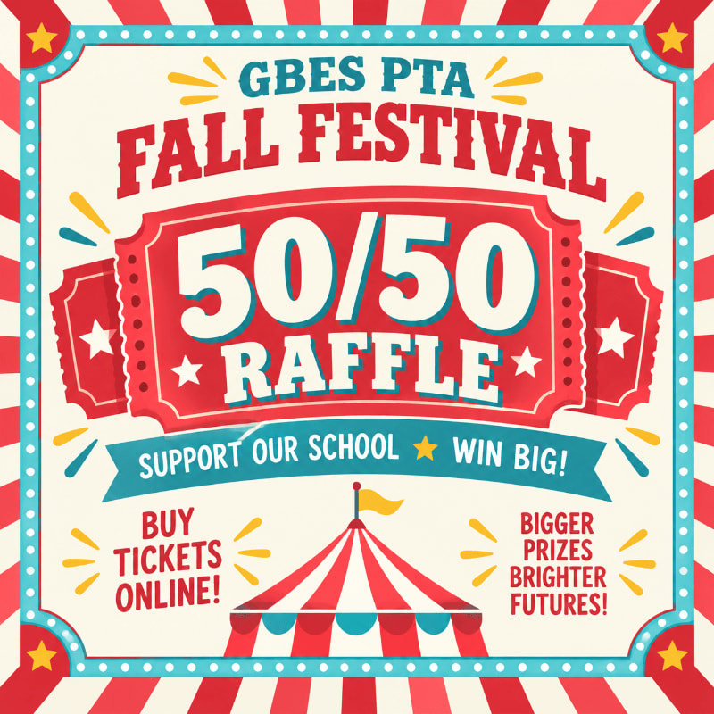 A red and white carnival-themed flyer for a 50/50 raffle features a large ticket and a circus tent in the foreground against a red and white striped background.
