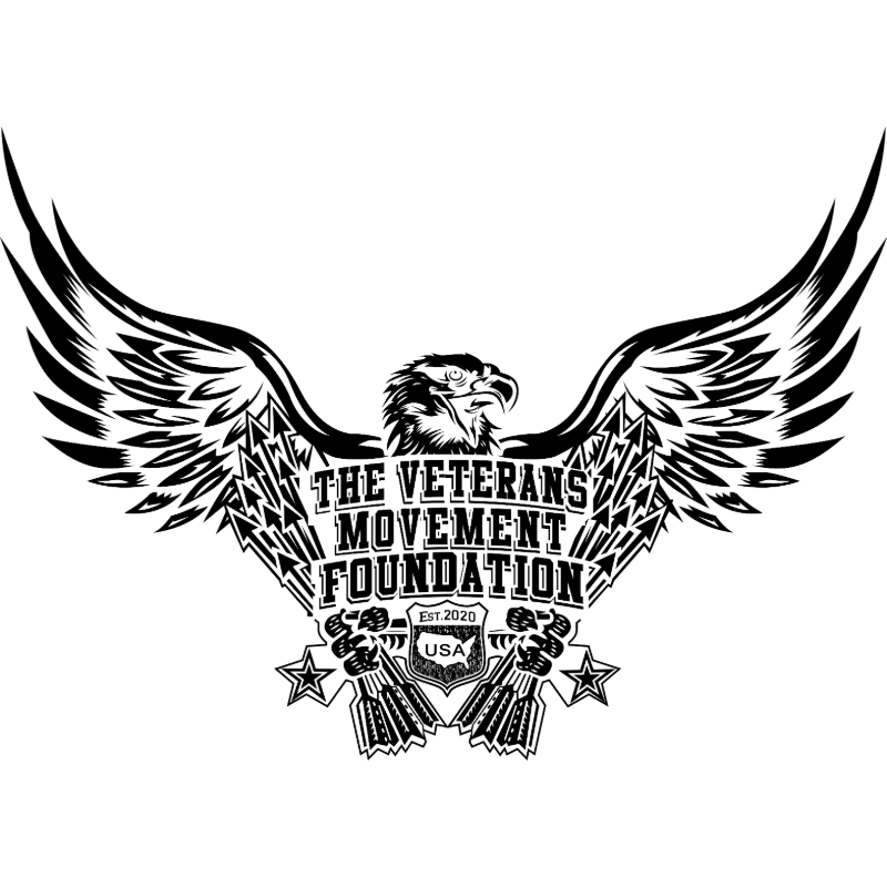 A black and white logo featuring a bald eagle with outstretched wings and the text "THE VETERANS MOVEMENT FOUNDATION" set against a plain white background.