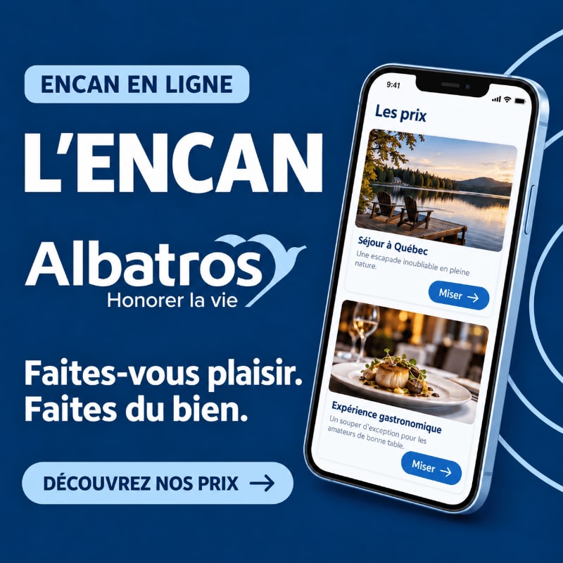 A smartphone displaying auction prizes sits in the foreground against a dark blue background featuring white and blue promotional text for "L'ENCAN Albatros."