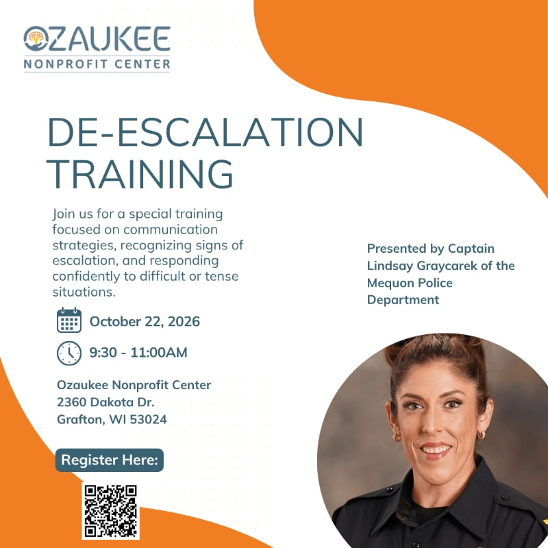 A promotional flyer for de-escalation training features event details and a photo of Captain Lindsay Graycarek in the foreground against a white and orange background.
