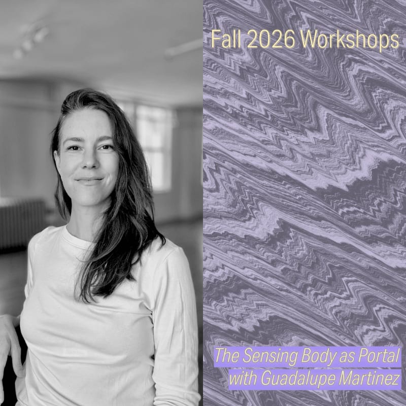 A black and white portrait of a woman in a white shirt stands against a blurred indoor background, paired with a purple abstract wavy pattern containing text.