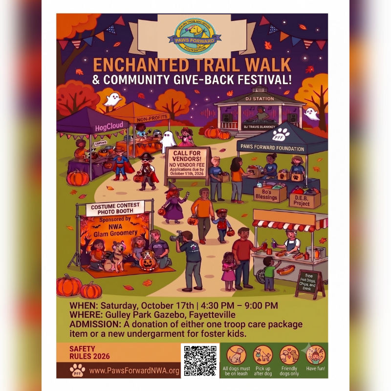 A colorful event flyer for an "Enchanted Trail Walk & Community Give-Back Festival" features various festival booths and people in the foreground against a backdrop of autumn trees and a purple night sky.