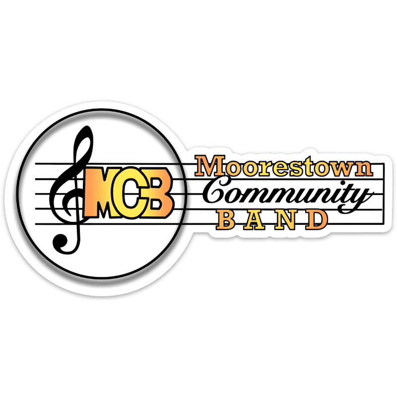 A treble clef and the letters "MCB" are in a circle on the left, with "Moorestown Community BAND" written in colorful letters to the right, all against a white background.