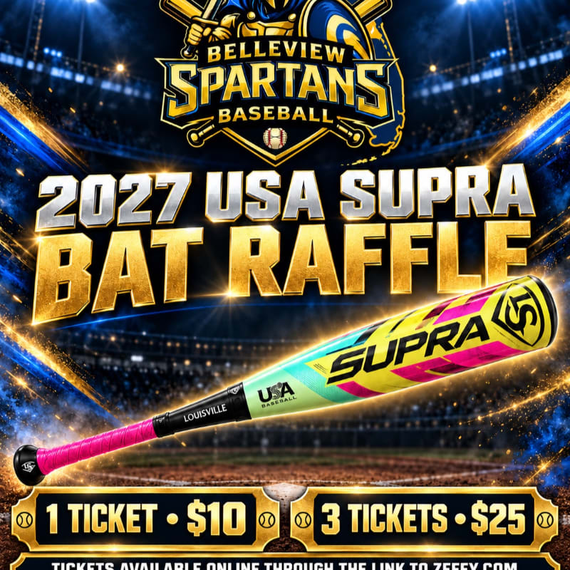 A colorful USA Supra baseball bat rests in the foreground against a backdrop of a crowded stadium and promotional text for the Belleview Spartans Baseball raffle.