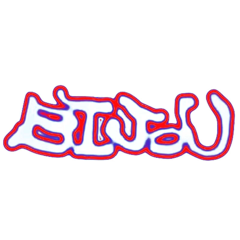Stylized graffiti text with a red and blue glow is centered against a plain white background.