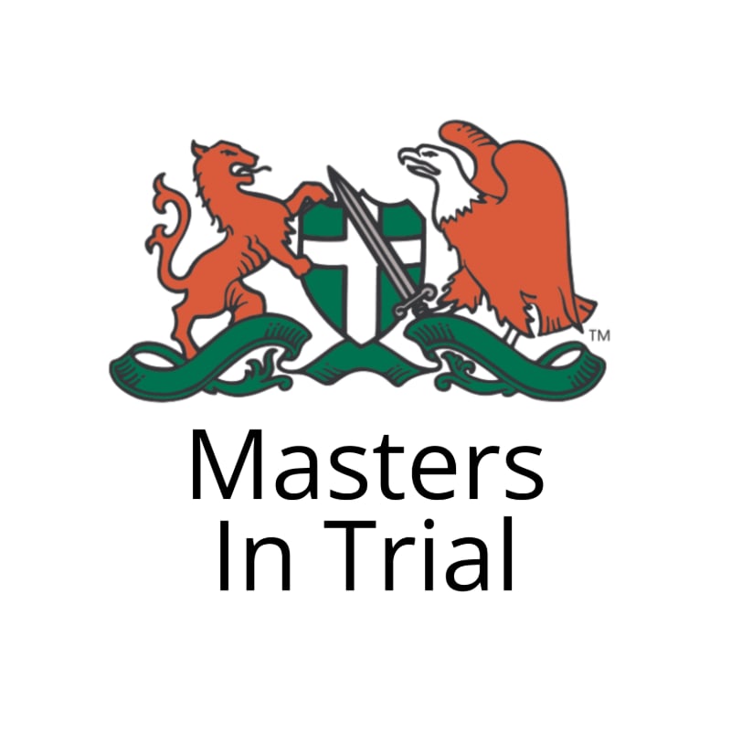 A logo featuring an orange lion and eagle flanking a green and white shield with a sword, above the text "Masters In Trial" against a plain white background.