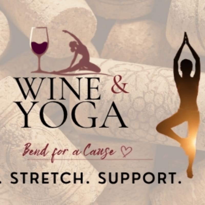 Text promoting "Wine & Yoga" with silhouettes of a wine glass and yoga poses is layered over a background of blurred wine corks.