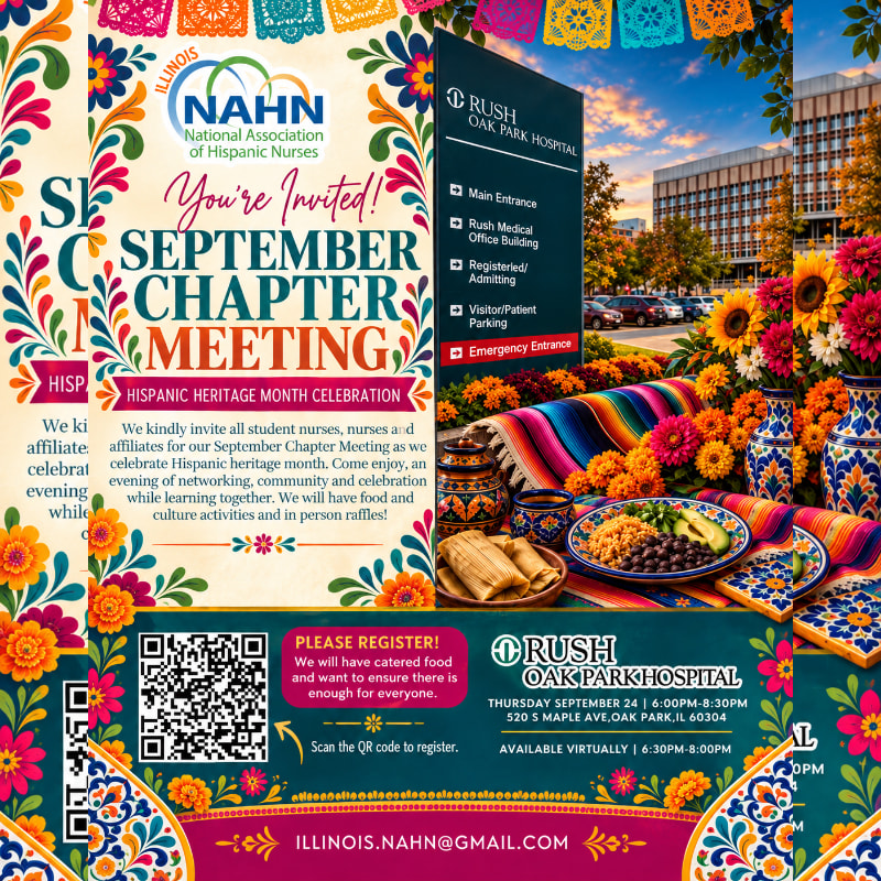 A colorful event flyer for a Hispanic Heritage Month celebration features text and a QR code in the foreground, set against a background of traditional Mexican patterns and a photo of Rush Oak Park Hospital.