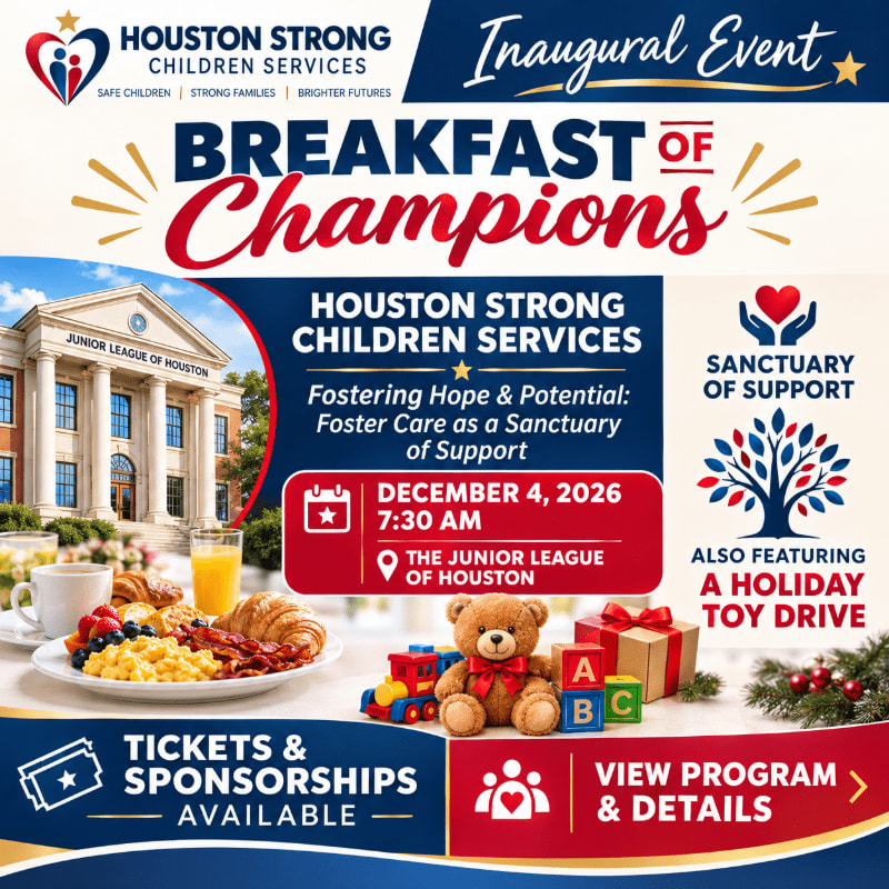 A breakfast spread and a teddy bear with toys sit in the foreground of a promotional flyer for the "Breakfast of Champions" event, with a large building and event details in the background.