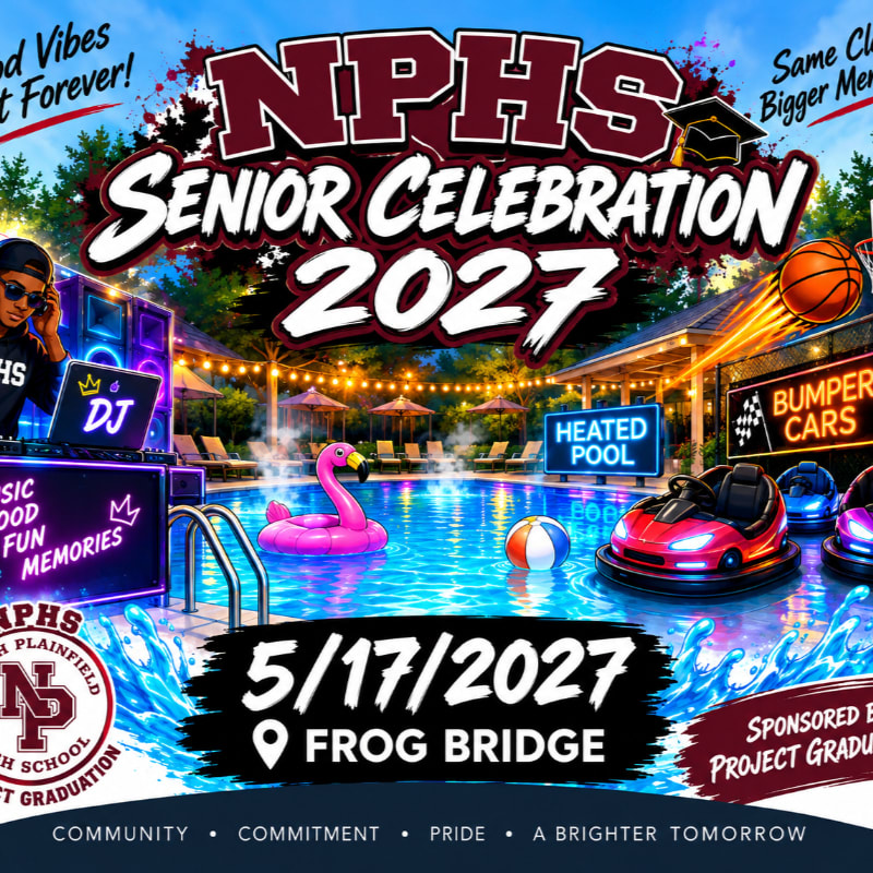 A colorful event flyer for the NPHS Senior Celebration 2027 features a festive pool party scene with bumper cars in the water in the foreground and a sunny outdoor resort setting in the background.
