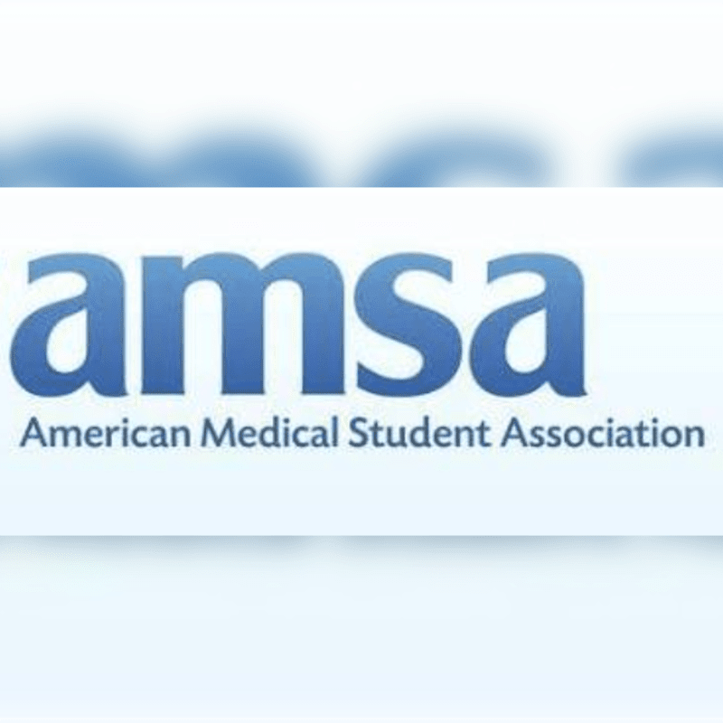 The blue "amsa" logo and "American Medical Student Association" text are centered on a white foreground against a blurred blue and white background.