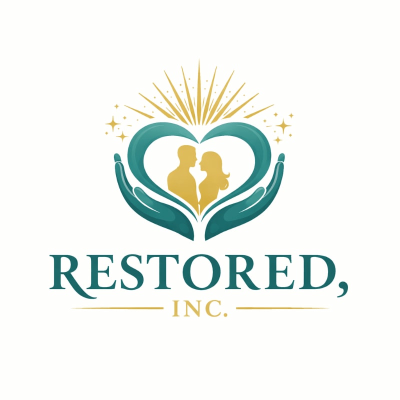 A logo featuring a couple's silhouette cradled by teal hands in a heart shape with golden rays and stars above, set against a plain white background.