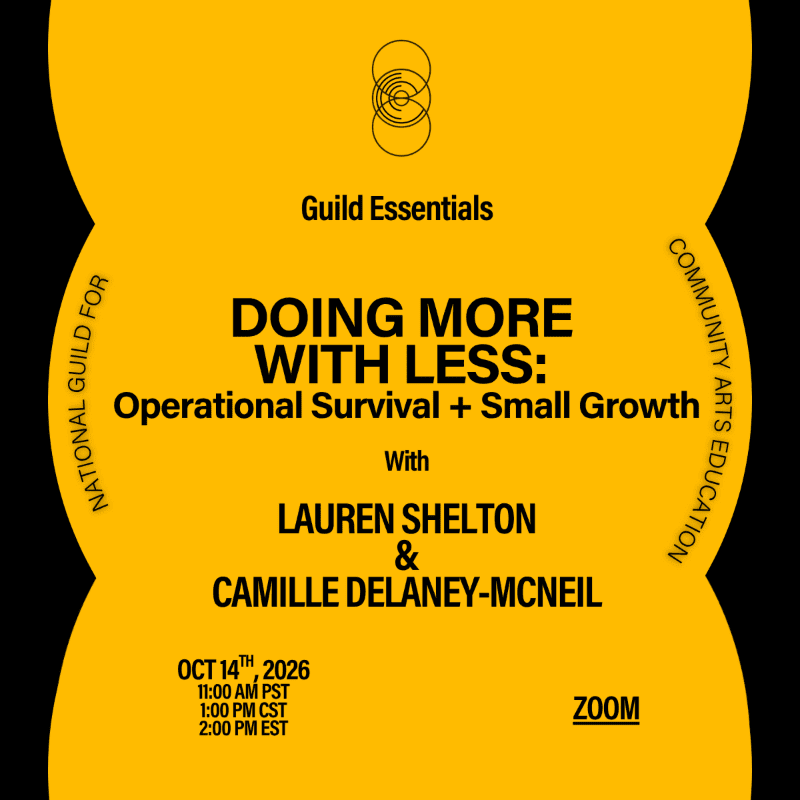 Black text detailing a webinar titled "Doing More With Less" is centered on a bright yellow background with curved edges and a logo at the top.