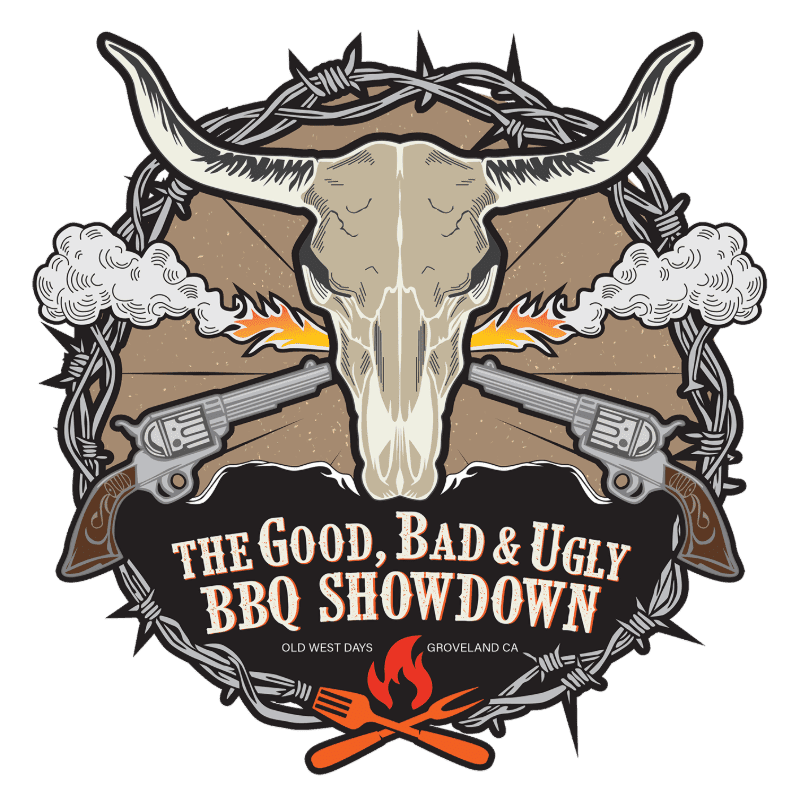 A steer skull and crossed revolvers are framed by barbed wire and smoke, with a BBQ showdown logo below.