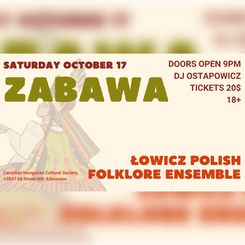 An event flyer for "ZABAWA" featuring the Łowicz Polish Folklore Ensemble in the foreground against a plain, light-colored background.