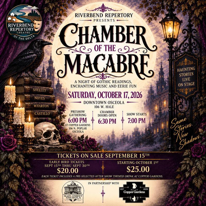 A gothic event poster for "Chamber of the Macabre" features a skull, candles, and a raven in the foreground against a backdrop of a misty, haunted graveyard and a vintage street lamp.