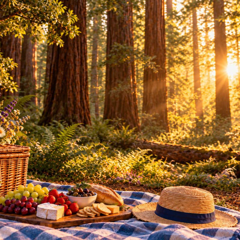 A picnic spread with fruit, cheese, and a straw hat rests on a blue checkered blanket in the foreground of a sun-drenched redwood forest.