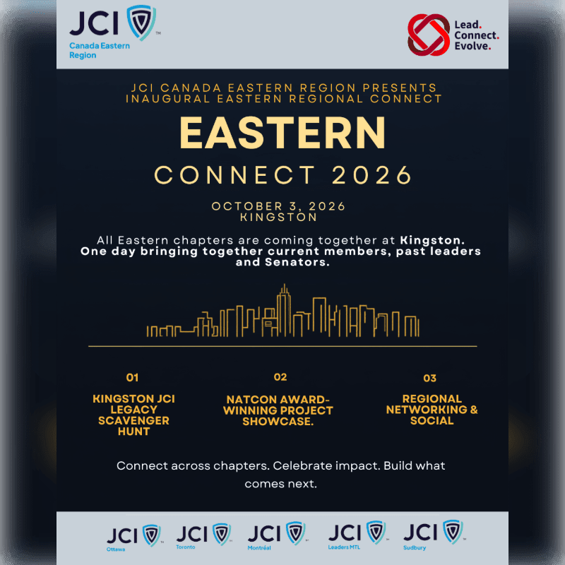 A promotional flyer for the JCI Canada Eastern Region's "Eastern Connect 2026" event features gold and white text over a dark blue background with a gold city skyline silhouette and various organizational logos.