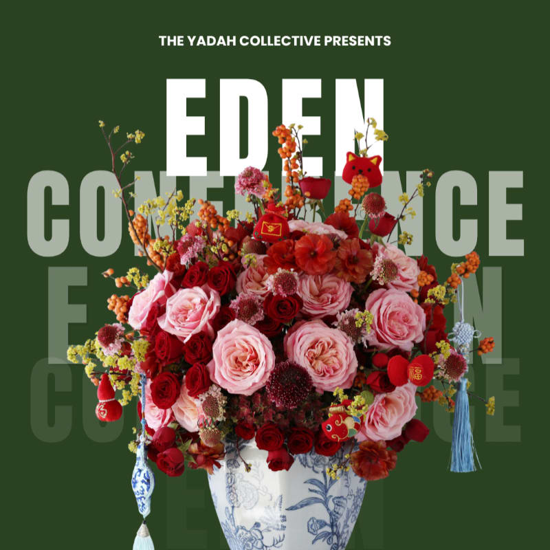 A vibrant bouquet of pink and red roses in a blue and white ceramic vase sits against a dark green background with bold white text.