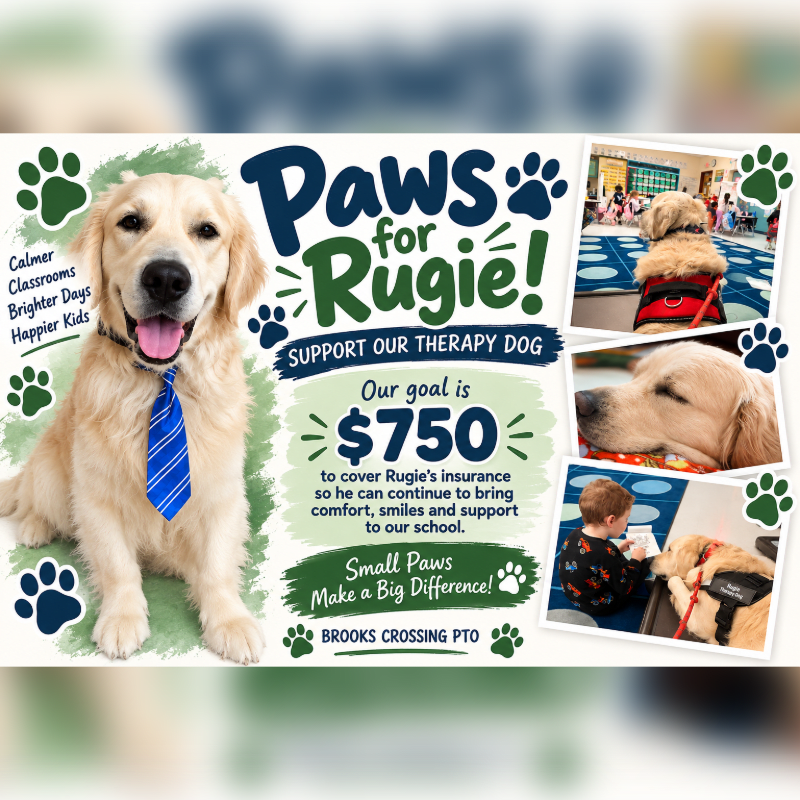 A golden retriever wearing a blue tie is featured in the foreground of a fundraising flyer, with a white background containing text and smaller photos of the dog.