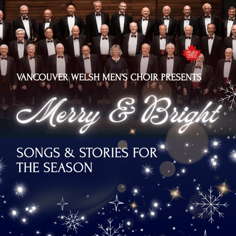 A choir of men in tuxedos stands in the background above a dark blue foreground featuring festive text, snowflakes, and sparkling stars.