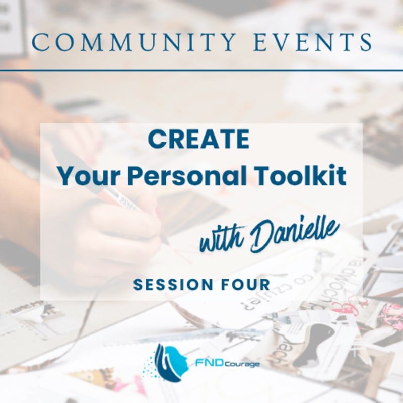 Blue and white text promoting a "Create Your Personal Toolkit" event is overlaid on a blurred background of a person writing on a table covered with papers.