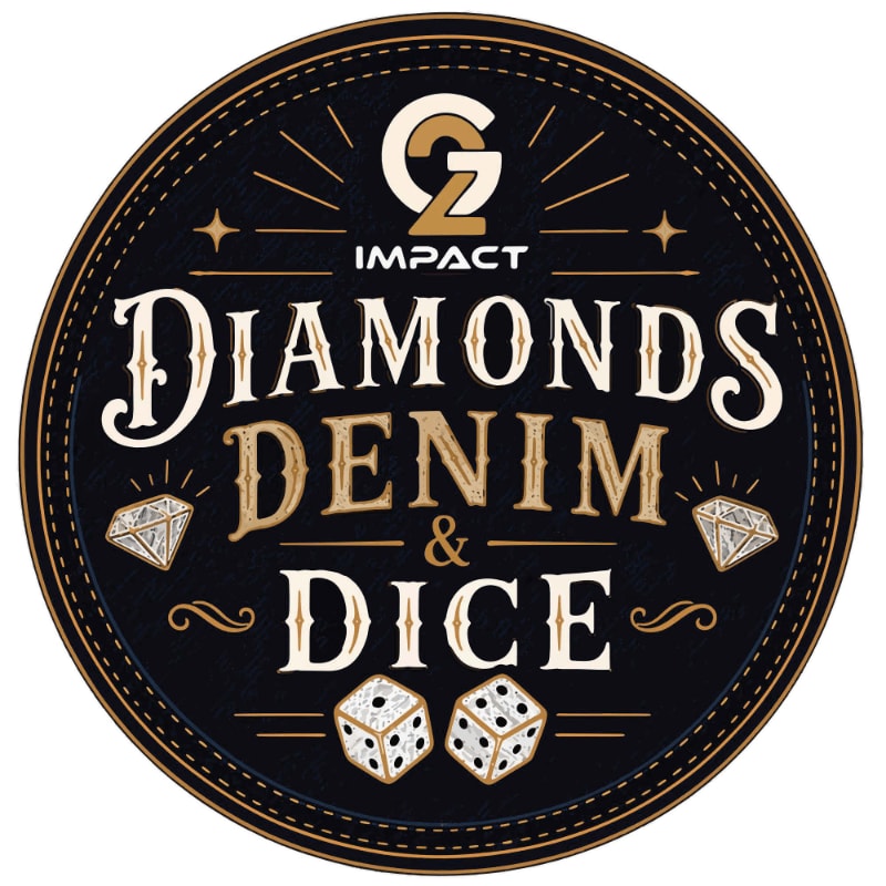 A circular black emblem features the text "DIAMONDS DENIM & DICE" and a G2 Impact logo in the foreground, set against a dark background with gold accents and decorative elements.