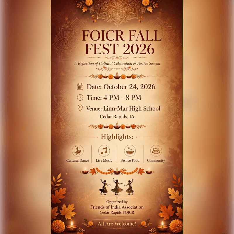 An event flyer for the FOICR Fall Fest 2026 features event details and highlights in the foreground against a brown background adorned with traditional Indian patterns and autumn leaves.