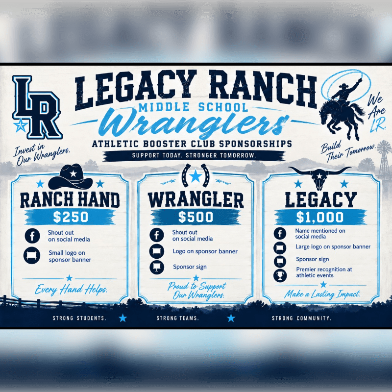 A blue and white sponsorship flyer for Legacy Ranch Middle School Wranglers features three tiered donation levels in the foreground against a clean white background with western-themed graphics.