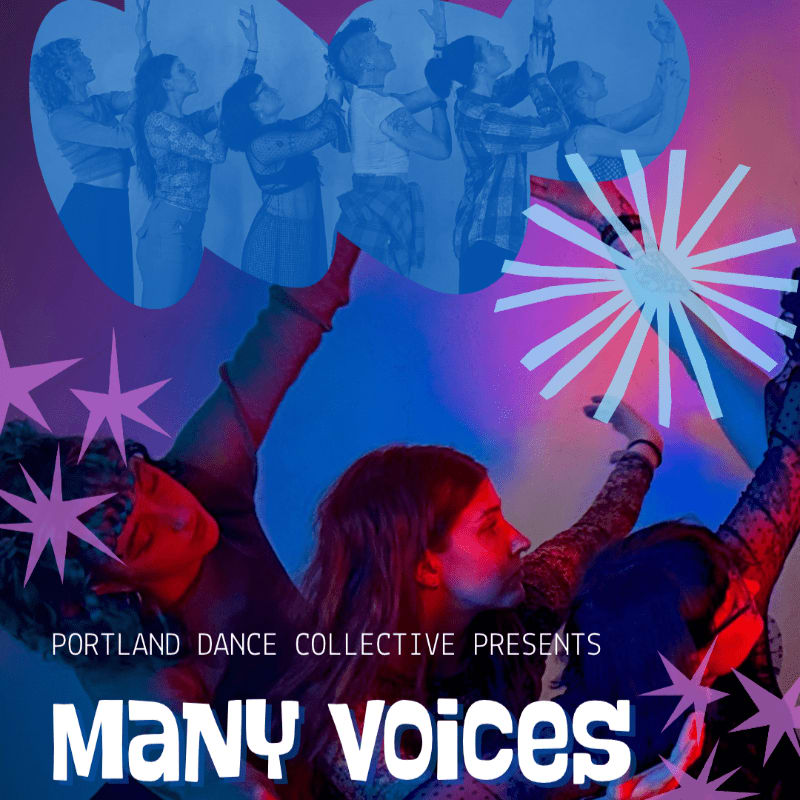 Dancers pose against a blue and purple background with a blue thought bubble containing silhouettes of other dancers and a white starburst graphic.