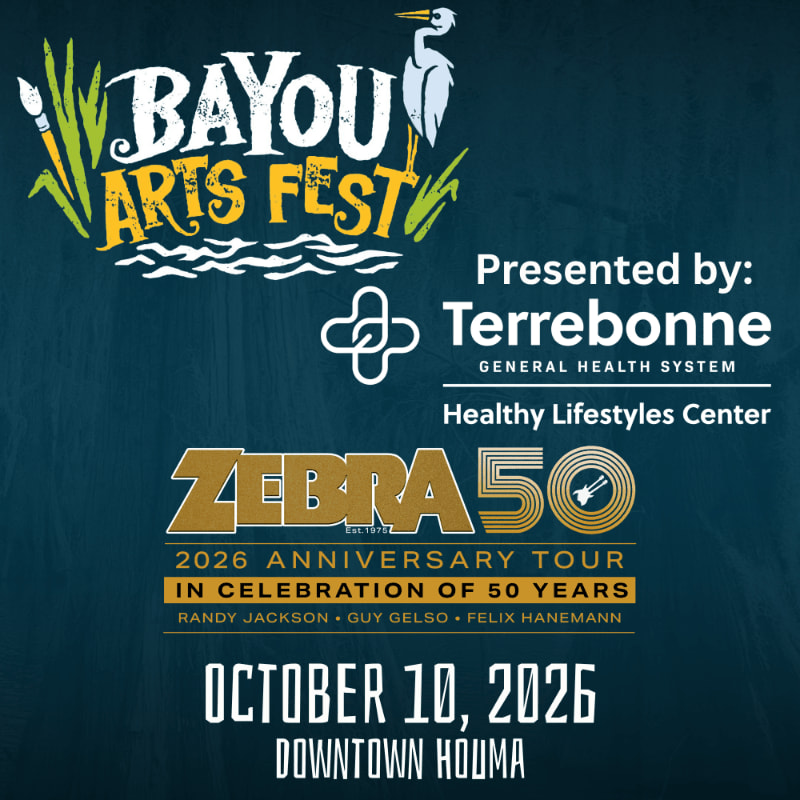Event details for the Bayou Arts Fest and Zebra 50 anniversary tour are displayed in white and gold text against a dark blue background.