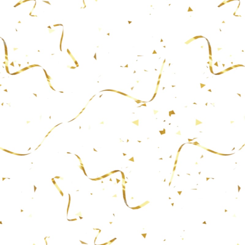 Golden curling ribbons and confetti float across a plain white background.