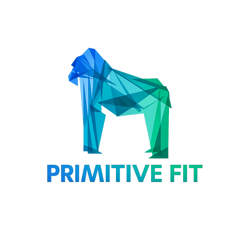 A geometric, blue and green gorilla logo with the text "PRIMITIVE FIT" sits centered on a plain white background.