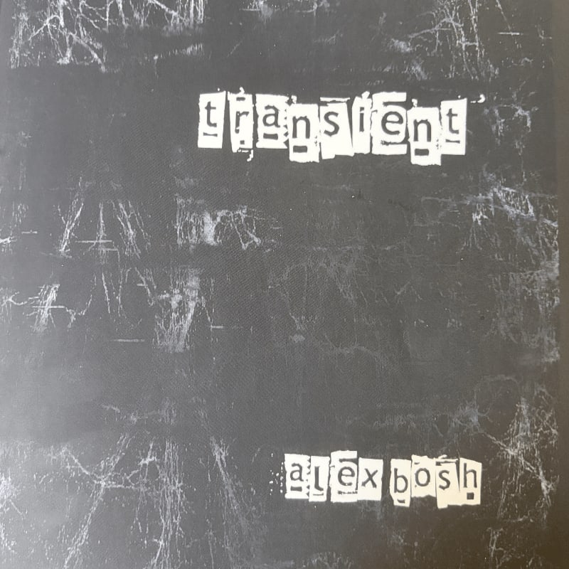 White cutout letters spelling "transient" and "alex bosh" are layered over a dark, textured grey background with white scratch-like patterns.