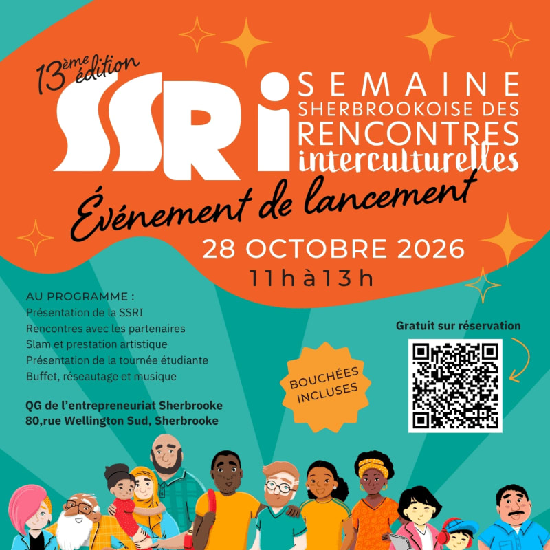 An event poster for the 13th edition of the Semaine Sherbrookoise des Rencontres Interculturelles features event details in the center and a diverse group of illustrated people in the foreground against a colorful orange and teal background.