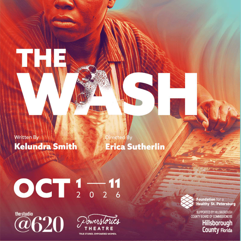 A close-up of a woman's hands washing clothes in the foreground is set against a vibrant, abstract background with the play's title, "THE WASH," prominently displayed.