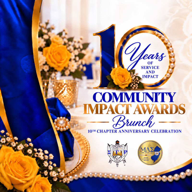 A promotional flyer for a "Community Impact Awards Brunch" features bold blue and gold text and a large "10" in the foreground, set against a blurred background of yellow roses and elegant table settings.