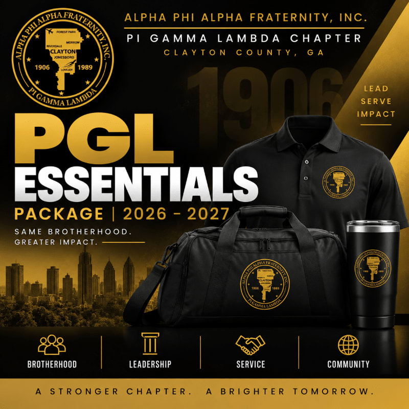A black polo shirt, gym bag, and tumbler featuring the Alpha Phi Alpha Fraternity logo sit in the foreground against a dark background with a city skyline and gold text.