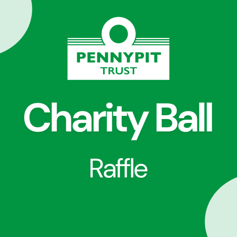 White text reading "Charity Ball Raffle" and the Pennypit Trust logo are centered on a green background with light green curved accents in the corners.