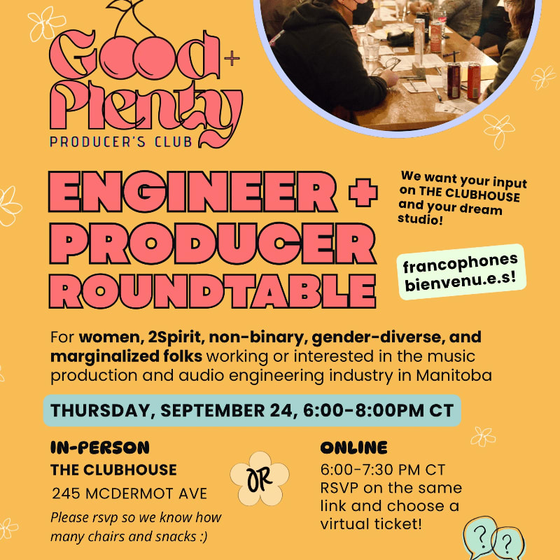 A promotional flyer for an "Engineer + Producer Roundtable" features bold pink and black text on a yellow background, with a photo of people at a table in the upper right corner.