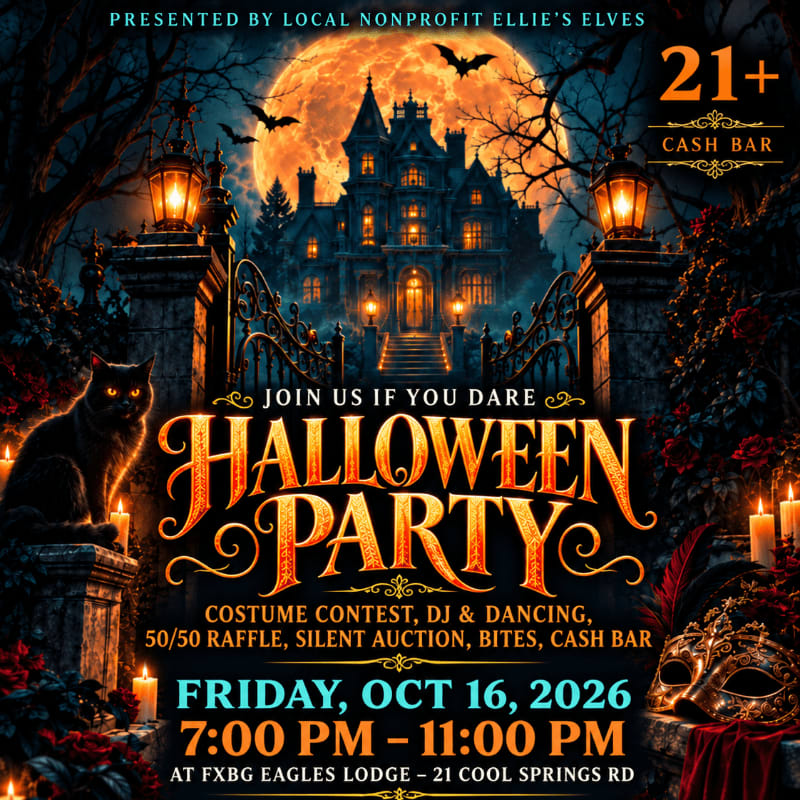 A black cat and a masquerade mask frame a spooky haunted house set against a massive full moon and dark night sky.