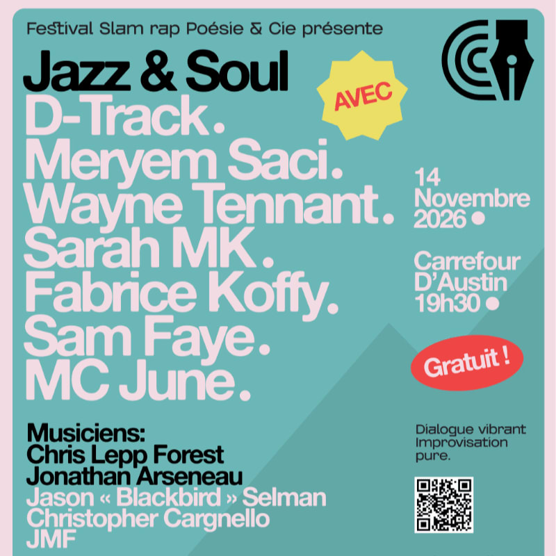 A promotional poster for a "Jazz & Soul" event features a list of performers in pink and black text against a teal background with a yellow star and a red "Gratuit!" bubble.