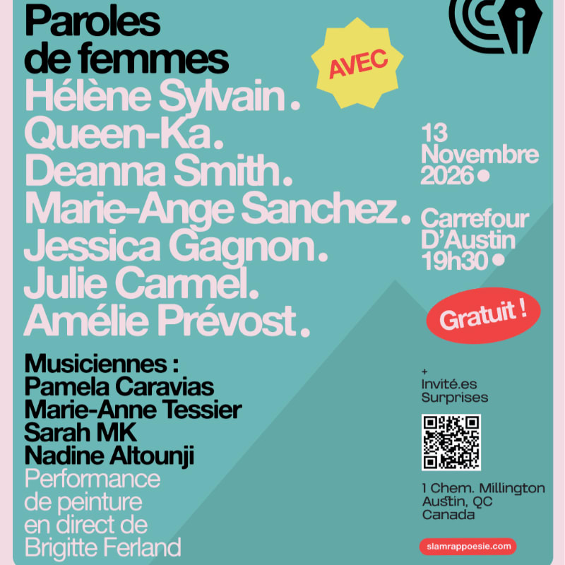 A light blue and teal event poster features a list of women's names and event details in the foreground against a minimalist geometric background.