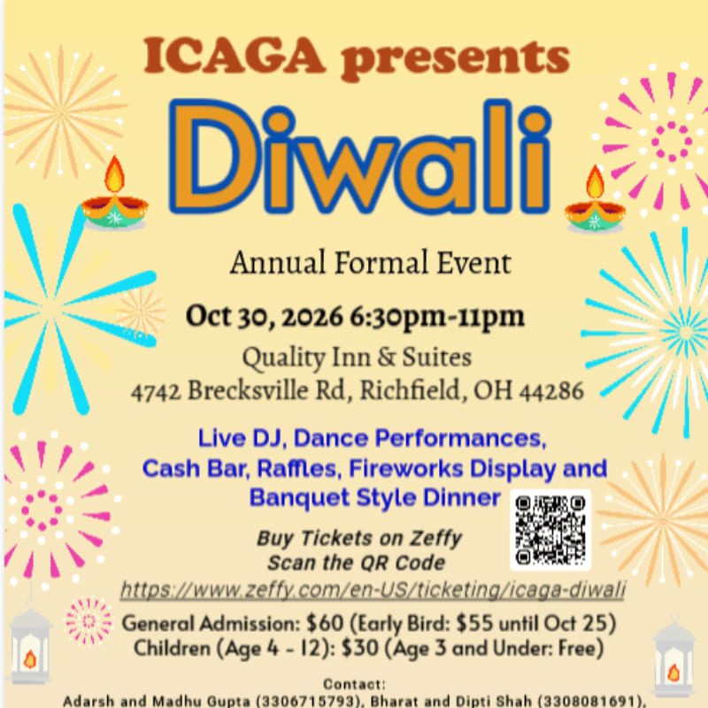 A Diwali event flyer featuring bold blue and orange text in the foreground set against a light yellow background decorated with colorful fireworks and traditional oil lamps.